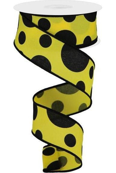 1.5" Giant Three Size Polka Dot Ribbon: Yellow & Black (10 Yards) - Michelle's aDOORable Creations - Wired Edge Ribbon
