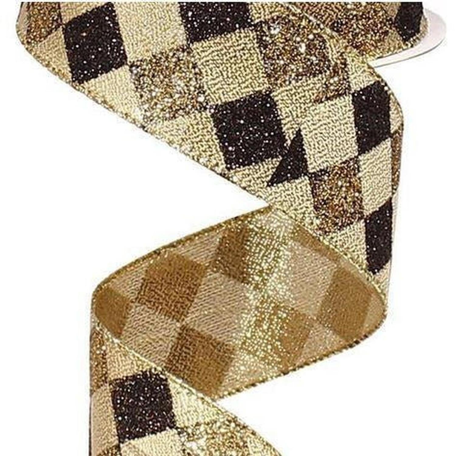 Shop For 1.5" Glitter Diamond Check Ribbon: Black & Gold (10 Yards) at Michelle's aDOORable Creations