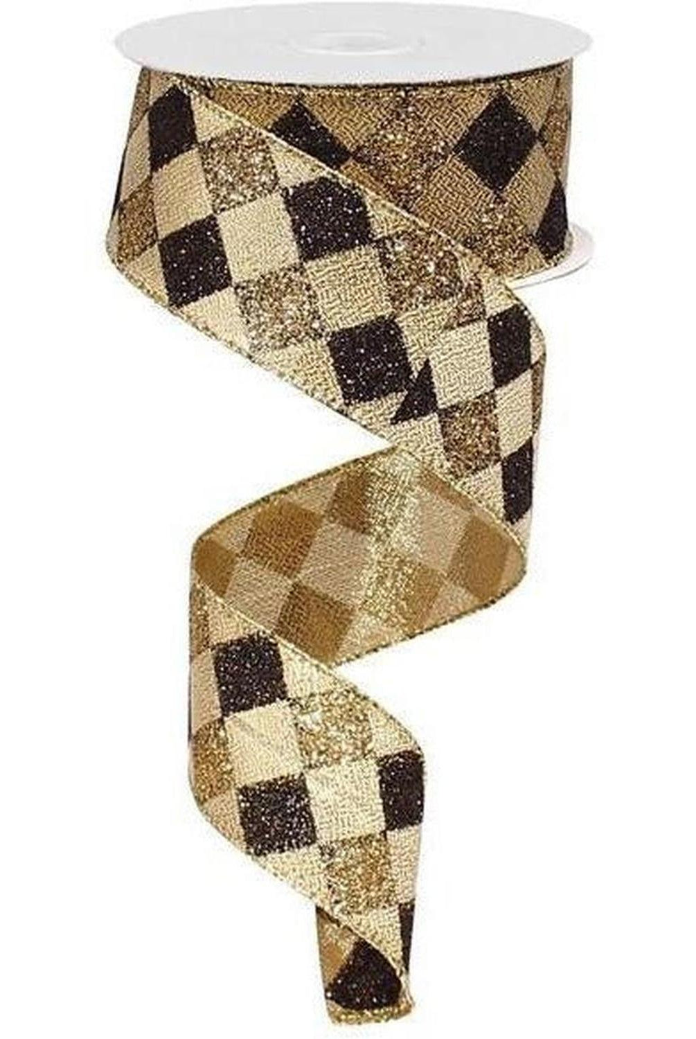 Shop For 1.5" Glitter Diamond Check Ribbon: Black & Gold (10 Yards) at Michelle's aDOORable Creations