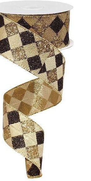 1.5" Glitter Diamond Check Ribbon: Black & Gold (10 Yards) - Michelle's aDOORable Creations - Wired Edge Ribbon