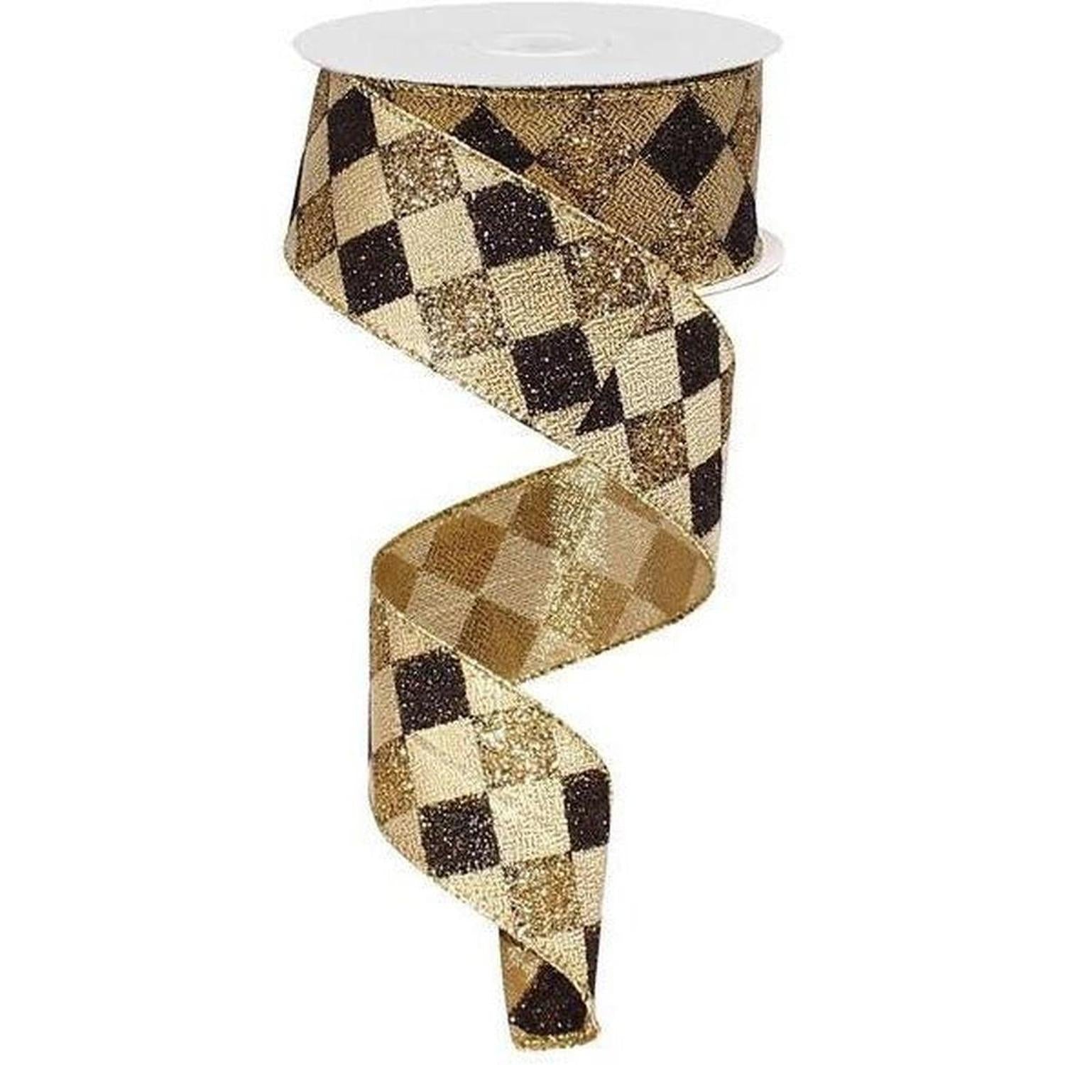Shop For 1.5" Glitter Diamond Check Ribbon: Black & Gold (10 Yards) at Michelle's aDOORable Creations