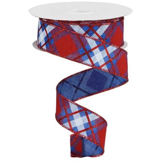 Shop For 1.5" Glitter Plaid Royal Ribbon: Royal Blue, Red & White (10 Yards) at Michelle's aDOORable Creations