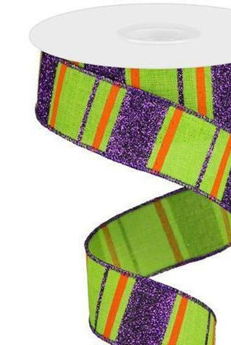 Shop For 1.5" Glitter Stripes on Royal Ribbon: Lime Green, Purple & Orange (10 Yards) at Michelle's aDOORable Creations