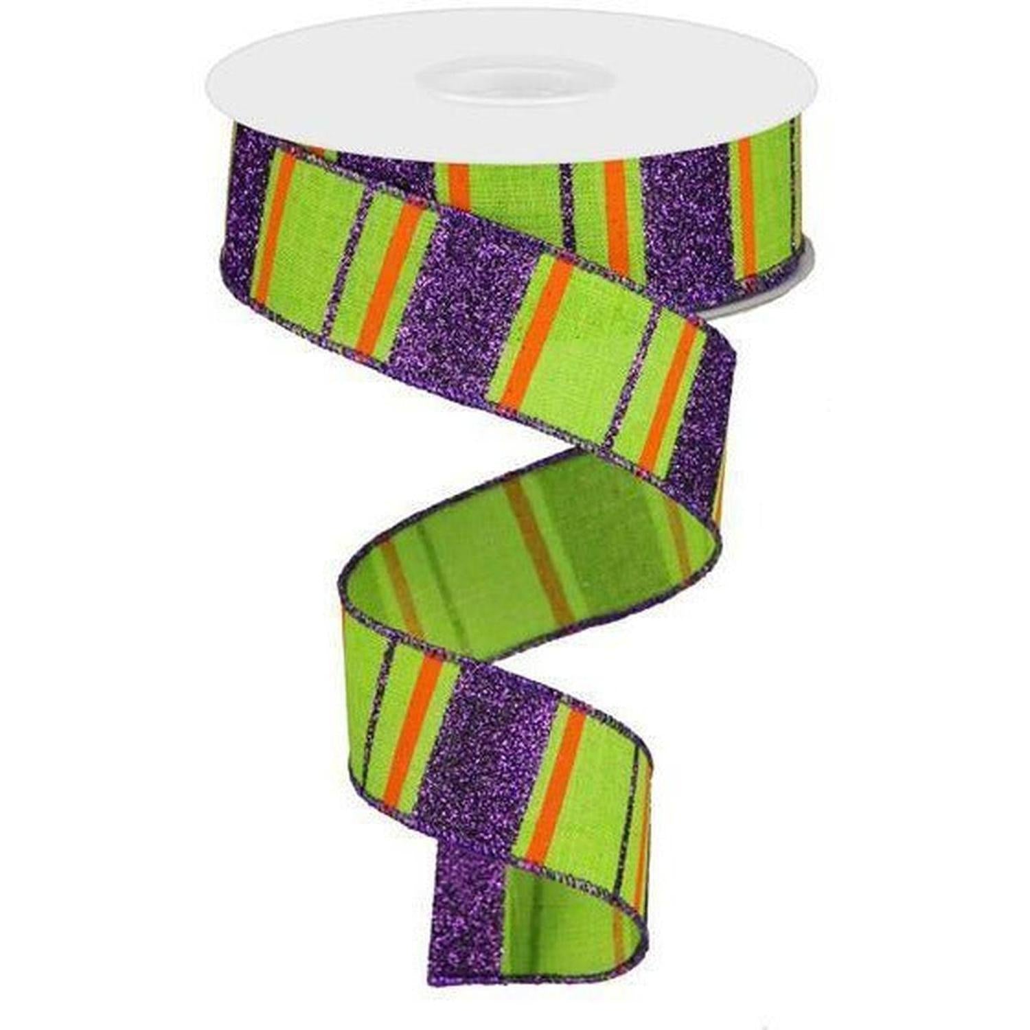 Shop For 1.5" Glitter Stripes on Royal Ribbon: Lime Green, Purple & Orange (10 Yards) at Michelle's aDOORable Creations