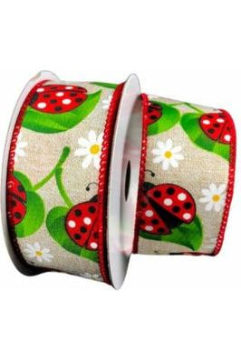 1.5" Ladybug Daisy Ribbon: Natural (10 Yards) - Michelle's aDOORable Creations - Wired Edge Ribbon