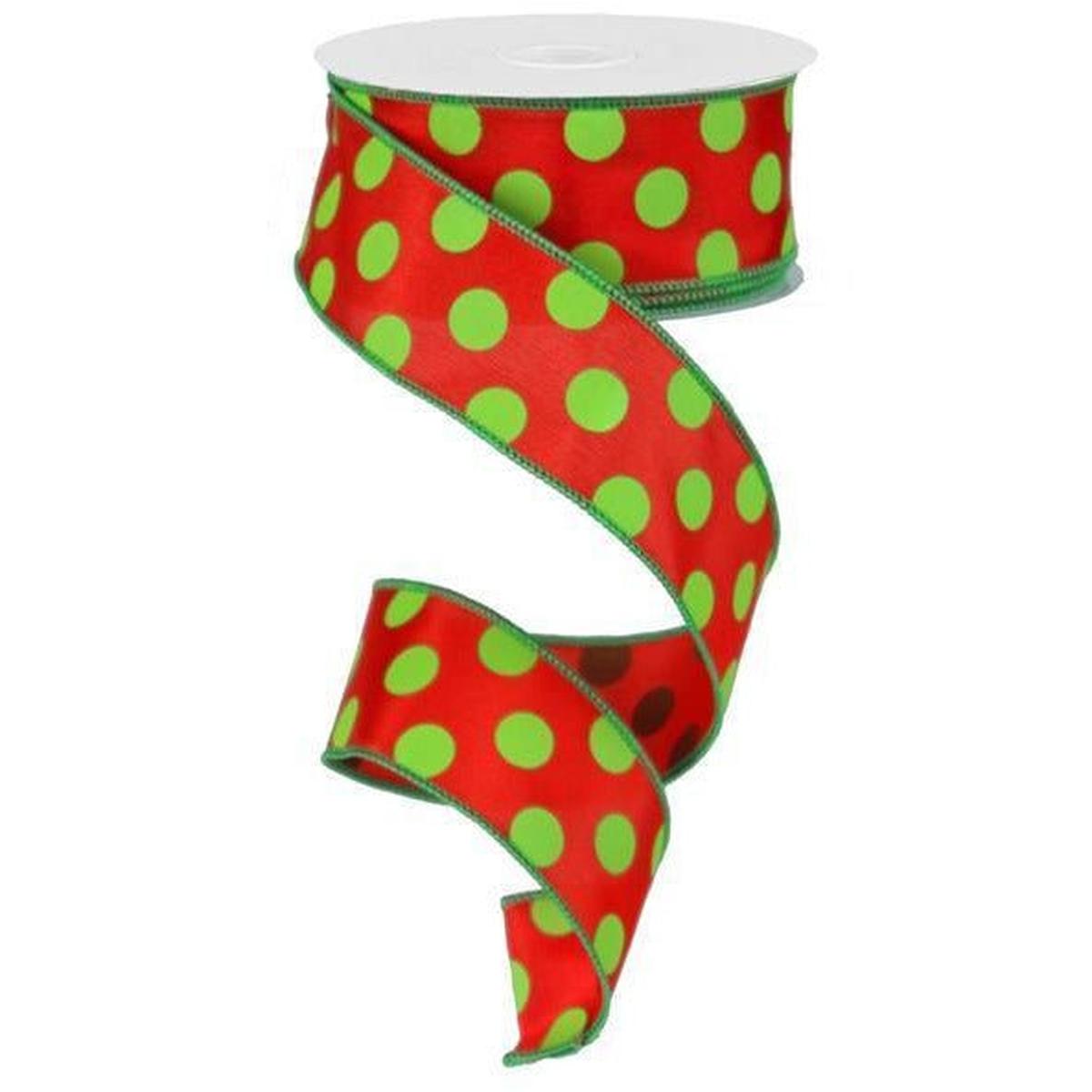 Shop For 1.5" Large Polka Dot Ribbon: Red & Lime Green (10 Yards) at Michelle's aDOORable Creations