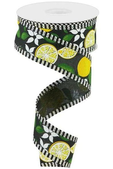 1.5" Lemon Thin Stripes Ribbon: Black (10 Yards) - Michelle's aDOORable Creations - Wired Edge Ribbon