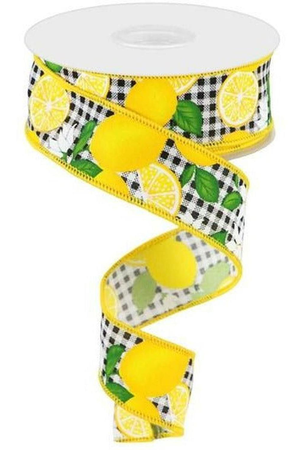 Shop For 1.5" Lemon with Leaves Check Ribbon: Black & White (10 Yards) at Michelle's aDOORable Creations