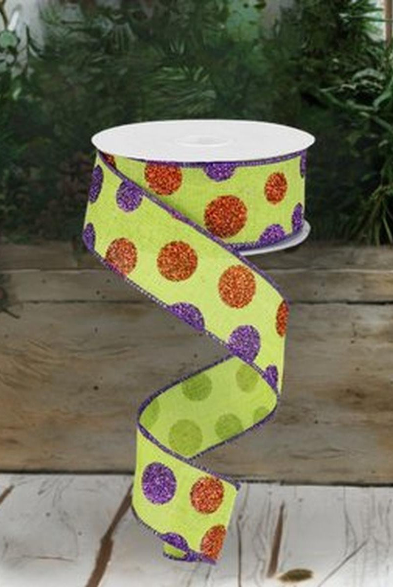 Shop For 1.5" Lime Green Ribbon with Multi Glitter Dots at Michelle's aDOORable Creations