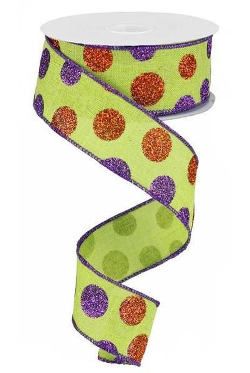 Shop For 1.5" Lime Green Ribbon with Multi Glitter Dots at Michelle's aDOORable Creations