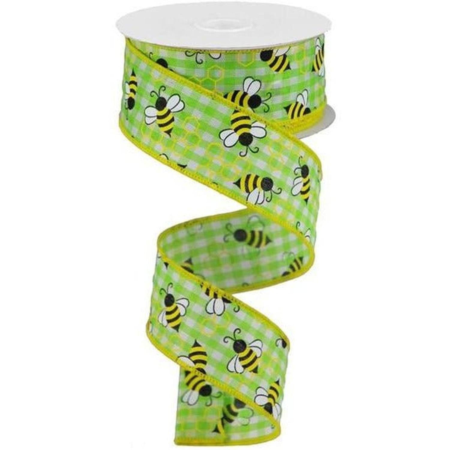 Shop For 1.5" Mini Bumblebees on Check Ribbon: Lime Green (10 Yards) at Michelle's aDOORable Creations