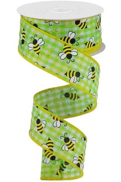 1.5" Mini Bumblebees on Check Ribbon: Lime Green (10 Yards) - Michelle's aDOORable Creations - Wired Edge Ribbon