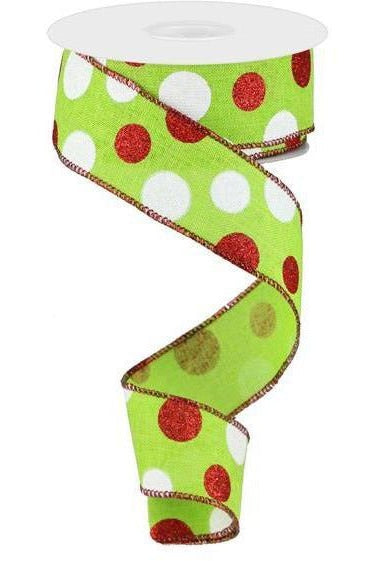 Shop For 1.5" Multi Glitter Dots Ribbon: Lime Green, Red, White (10 Yards) at Michelle's aDOORable Creations
