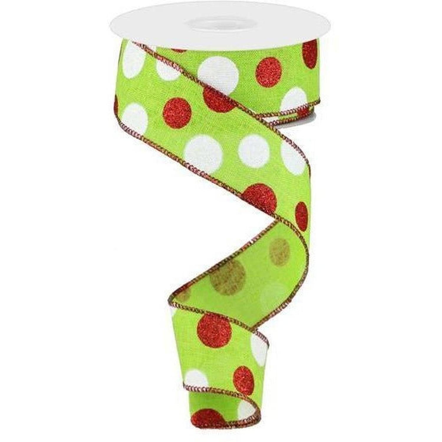 Shop For 1.5" Multi Glitter Dots Ribbon: Lime Green, Red, White (10 Yards) at Michelle's aDOORable Creations