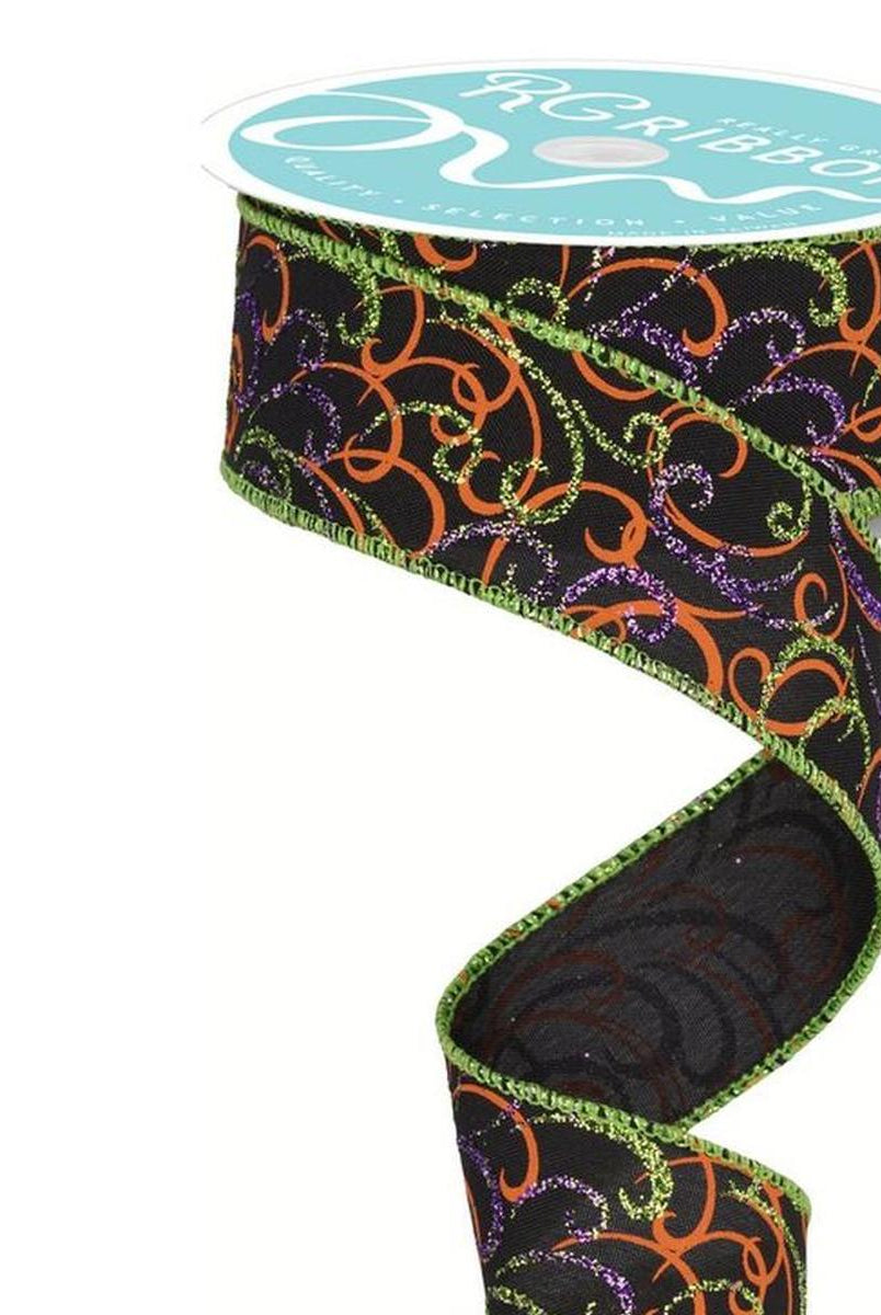 Shop For 1.5" Multi Swirls Glitter Ribbon: Black/Orange/Purple/Lime (10 Yard) at Michelle's aDOORable Creations