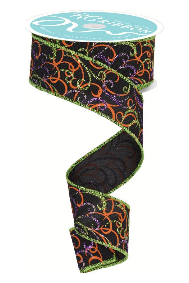 Shop For 1.5" Multi Swirls Glitter Ribbon: Black/Orange/Purple/Lime (10 Yard) at Michelle's aDOORable Creations