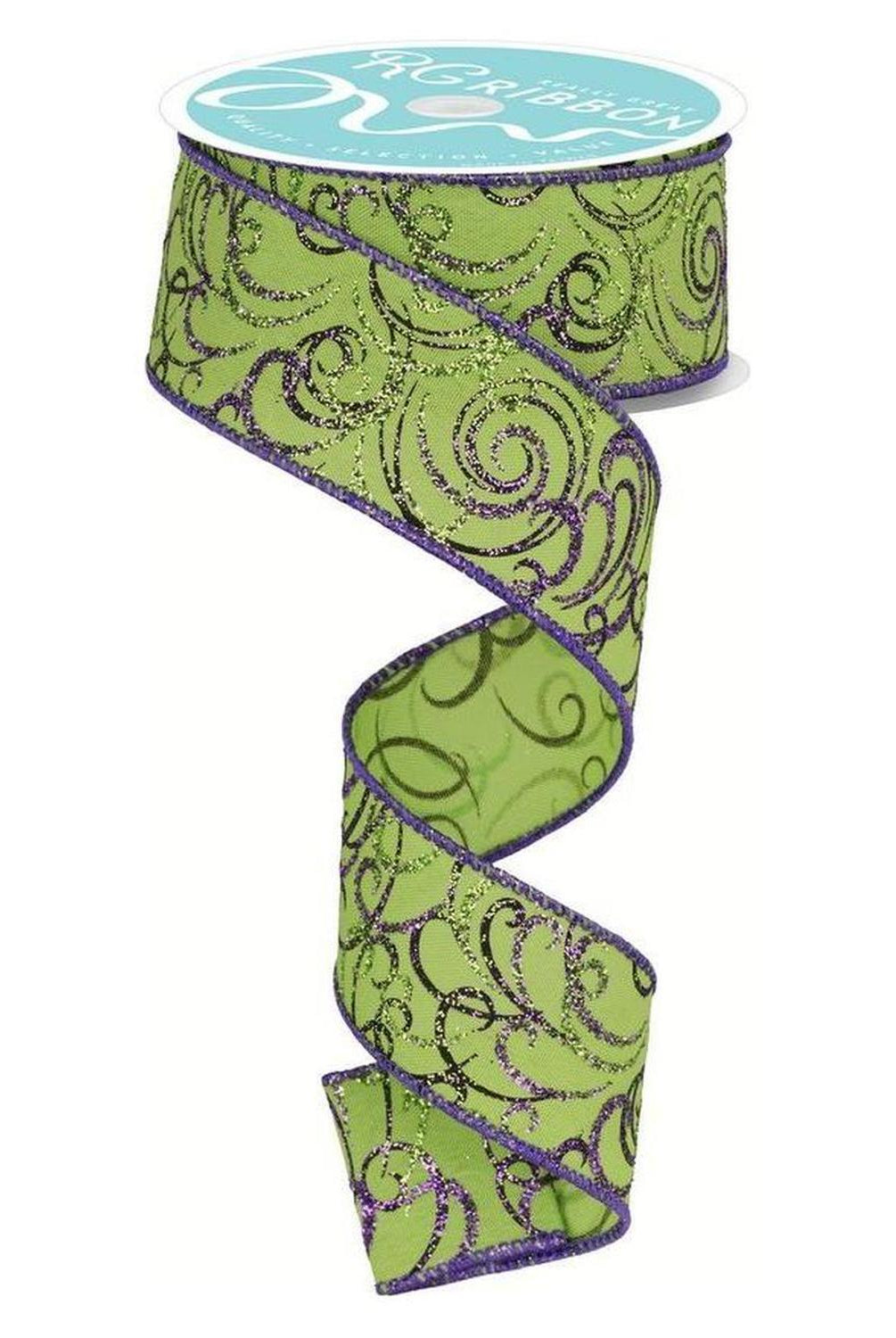 1.5" Multi Swirls Glitter Ribbon: Lime Green/Purple (10 Yard)