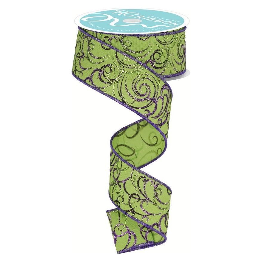 Shop For 1.5" Multi Swirls Glitter Ribbon: Lime Green/Purple (10 Yard) at Michelle's aDOORable Creations