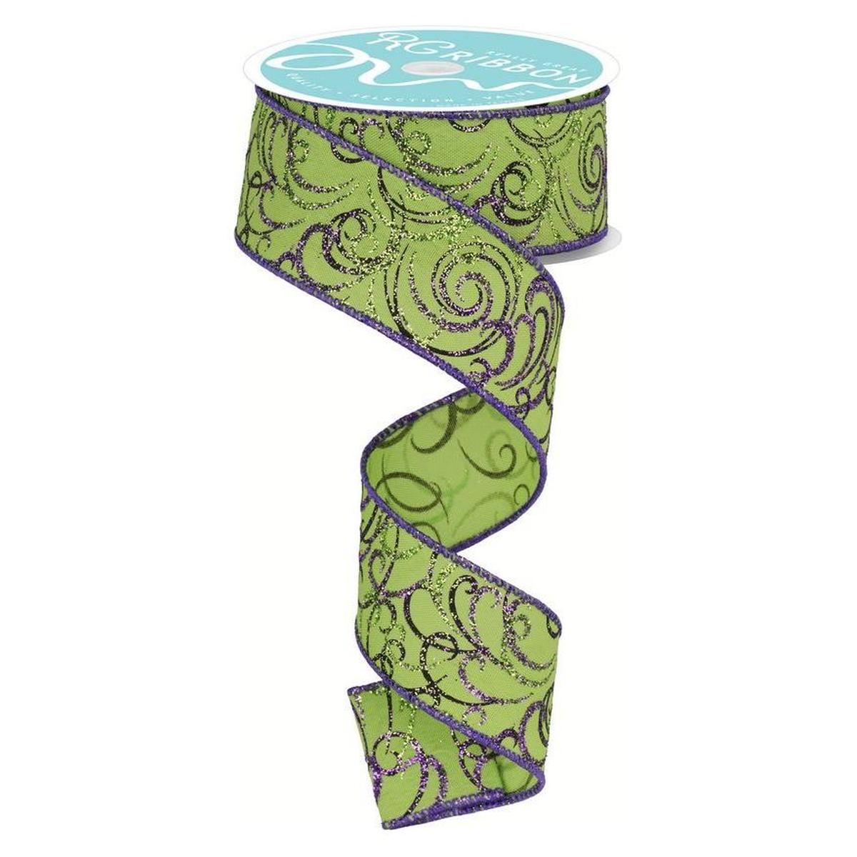 Shop For 1.5" Multi Swirls Glitter Ribbon: Lime Green/Purple (10 Yard) at Michelle's aDOORable Creations