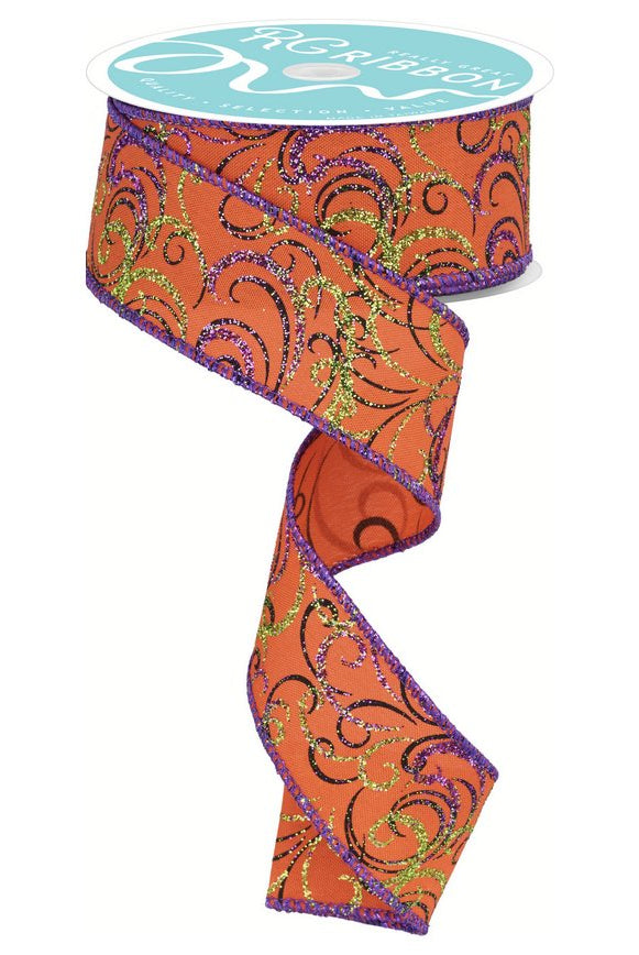 Shop For 1.5" Multi Swirls Glitter Ribbon: Orange/Black/Purple (10 Yard) at Michelle's aDOORable Creations