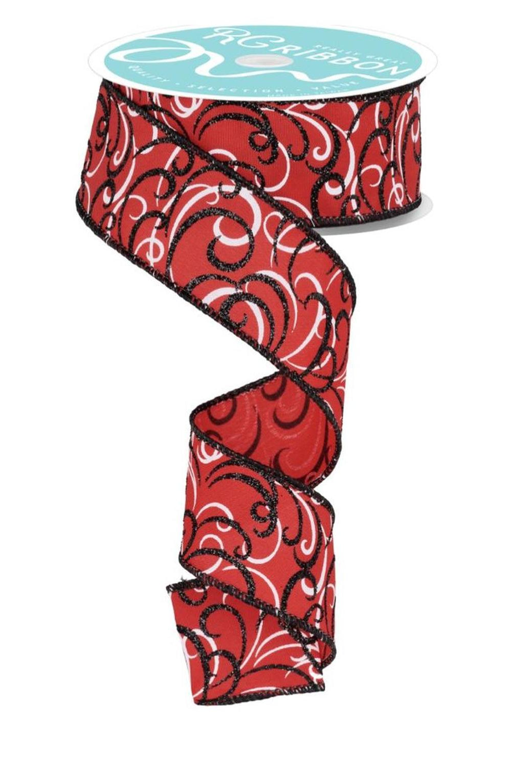 1.5" Multi Swirls Glitter Ribbon: Red/Black (10 Yard)