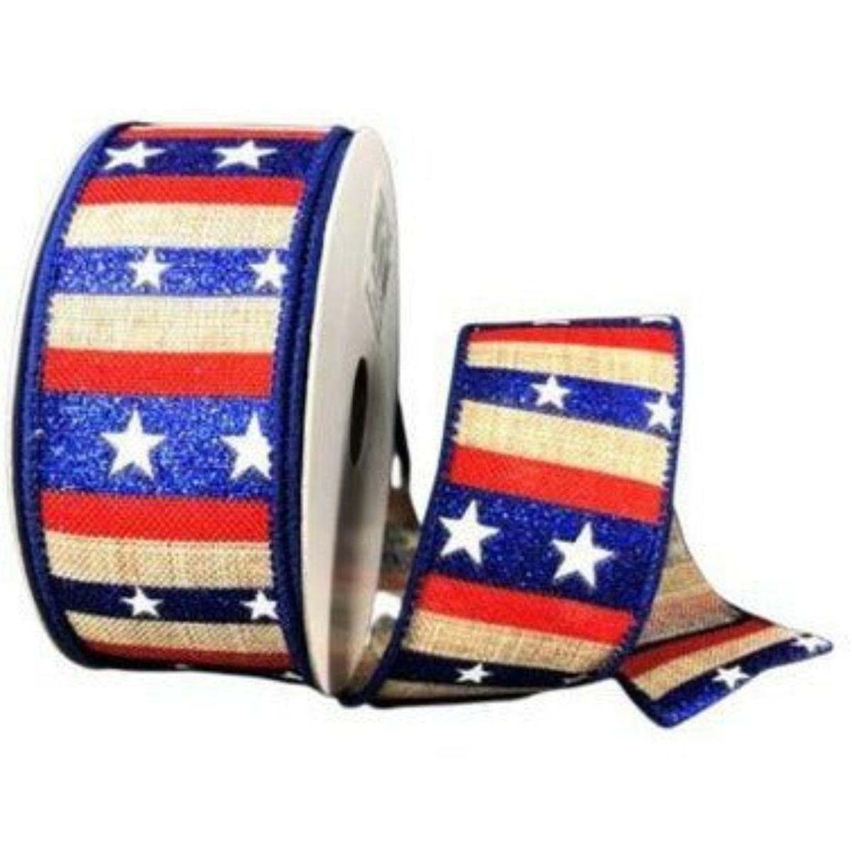 Shop For 1.5" Navy Glitter Stripes With Stars Ribbon: Natural (10 Yards) at Michelle's aDOORable Creations