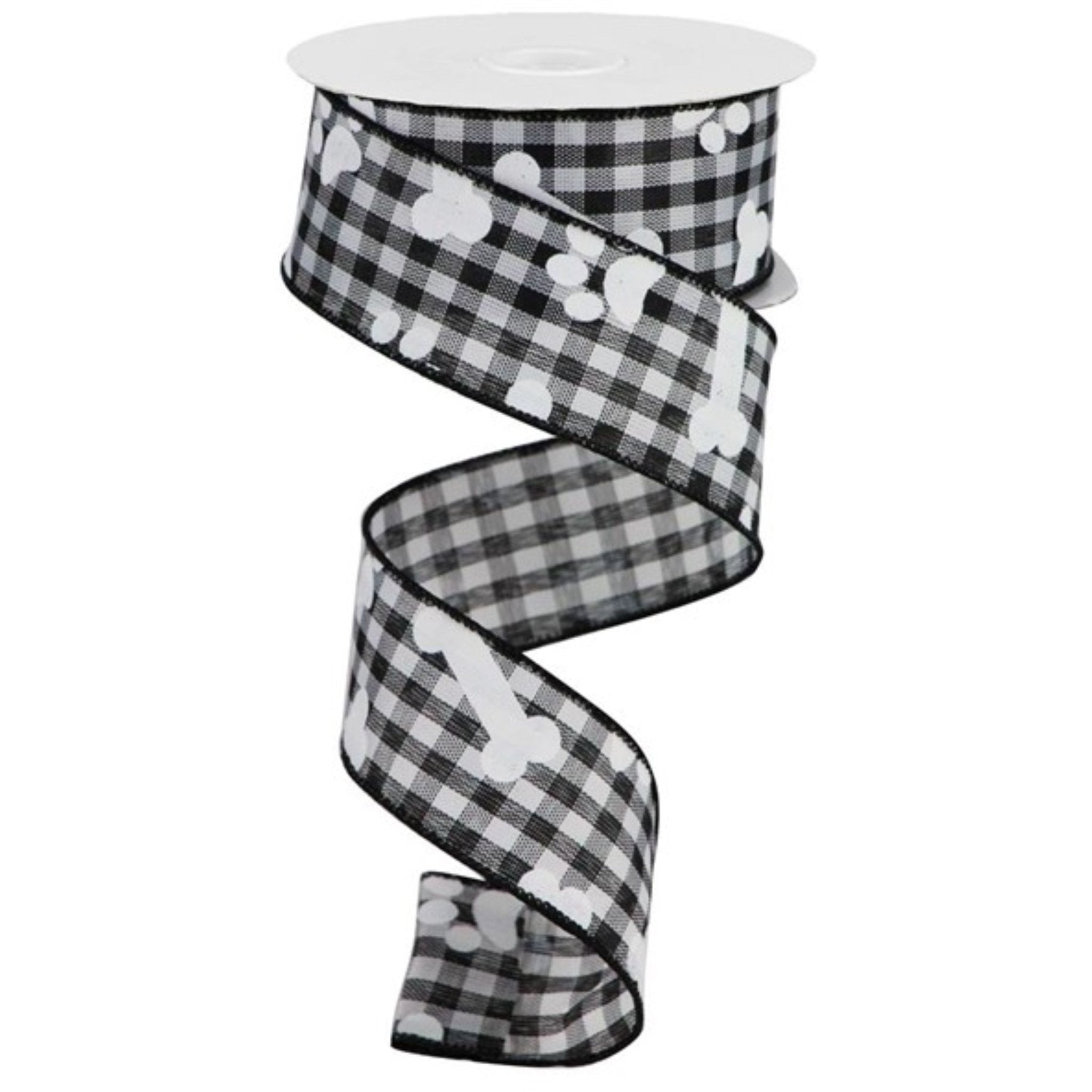 Shop For 1.5" Paw Print Bone Check Ribbon: Black/White (10 Yards) at Michelle's aDOORable Creations