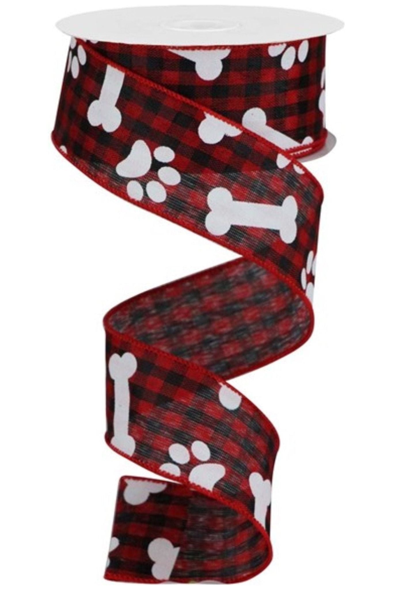 1.5" Paw Print Bone Check Ribbon: Red/Black (10 Yards) - Michelle's aDOORable Creations - Wired Edge Ribbon
