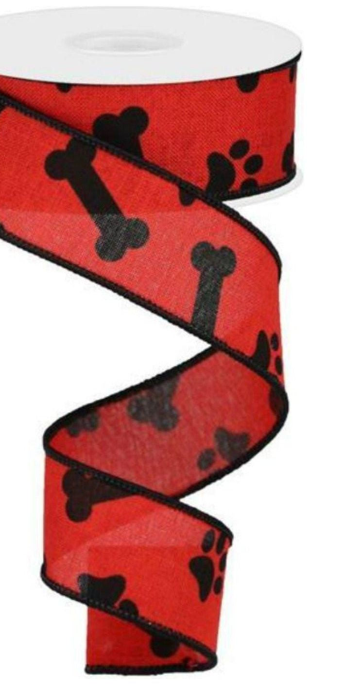 1.5" Paw Print Royal Ribbon: Red & Black (10 Yards) - Michelle's aDOORable Creations - Wired Edge Ribbon