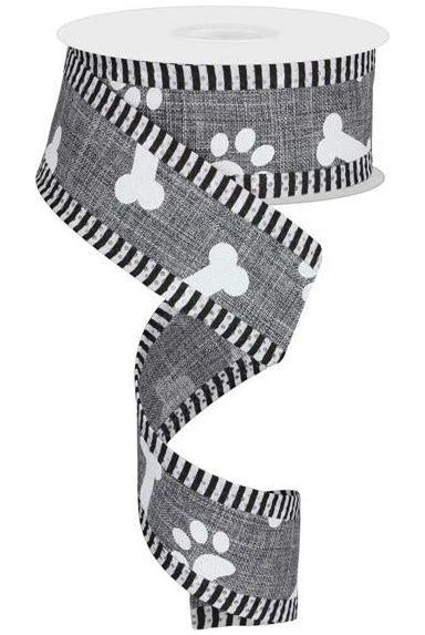 1.5" Paw Print Thin Stripes Ribbon: Grey (10 Yards) - Michelle's aDOORable Creations - Wired Edge Ribbon