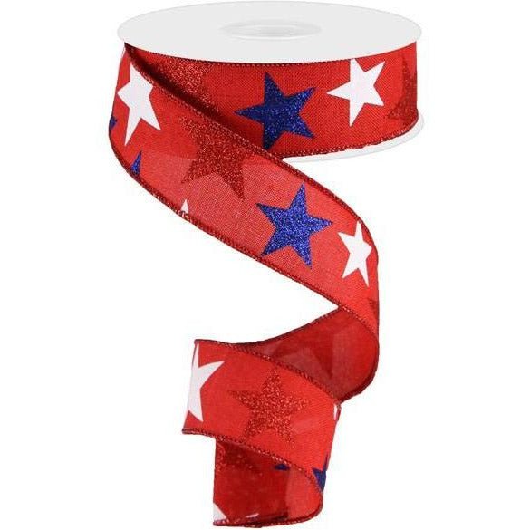 Shop For 1.5" Red Royal Canvas Ribbon: Patriotic Stars (10 Yards) at Michelle's aDOORable Creations