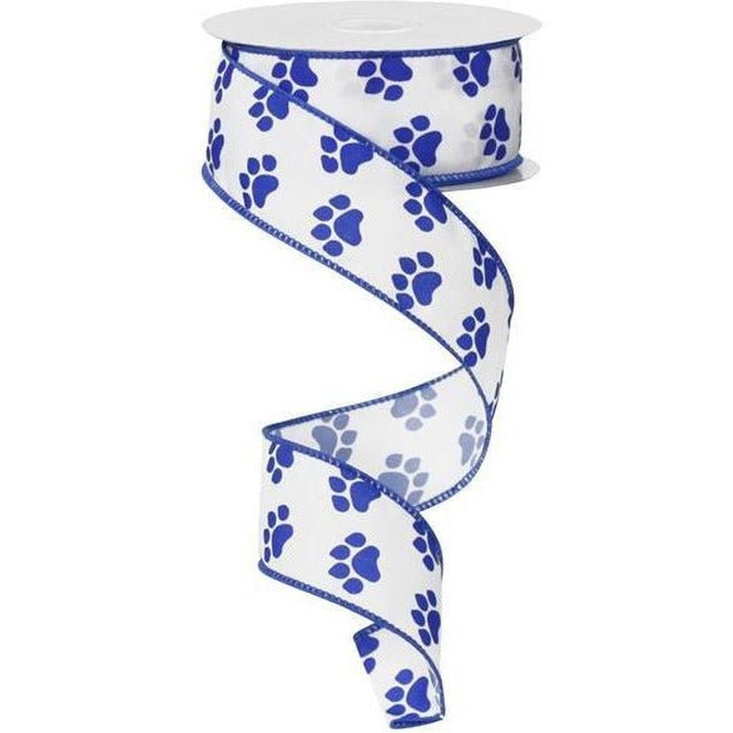 Shop For 1.5" Satin Paw Print Ribbon: Blue & White (10 Yards) at Michelle's aDOORable Creations