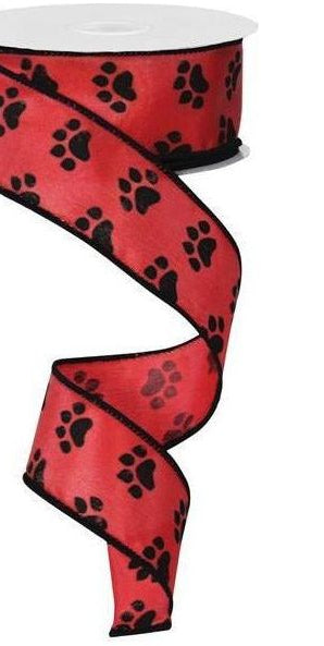 1.5" Satin Paw Print Ribbon: Red & Black (10 Yards) - Michelle's aDOORable Creations - Wired Edge Ribbon