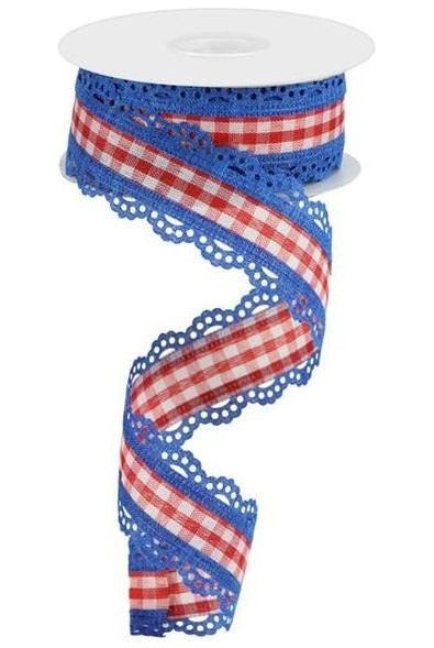 1.5" Scalloped Edge Gingham Ribbon: Red, White & Blue (10 Yard) - Michelle's aDOORable Creations - Wired Edge Ribbon
