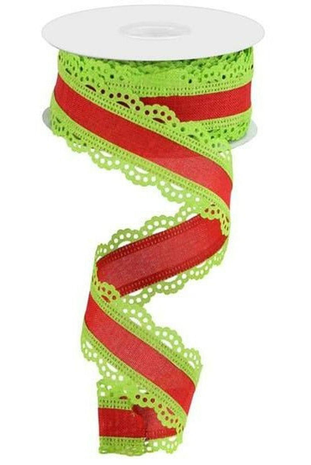 1.5" Scalloped Edge Ribbon: Red/Lime Green (10 Yards)