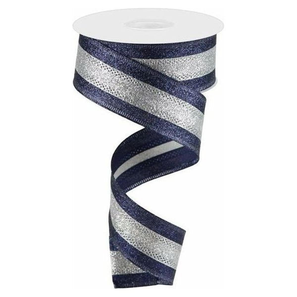 Shop For 1.5" Shimmer Glitter Stripe Ribbon: Silver/Navy Blue (10 Yards) at Michelle's aDOORable Creations