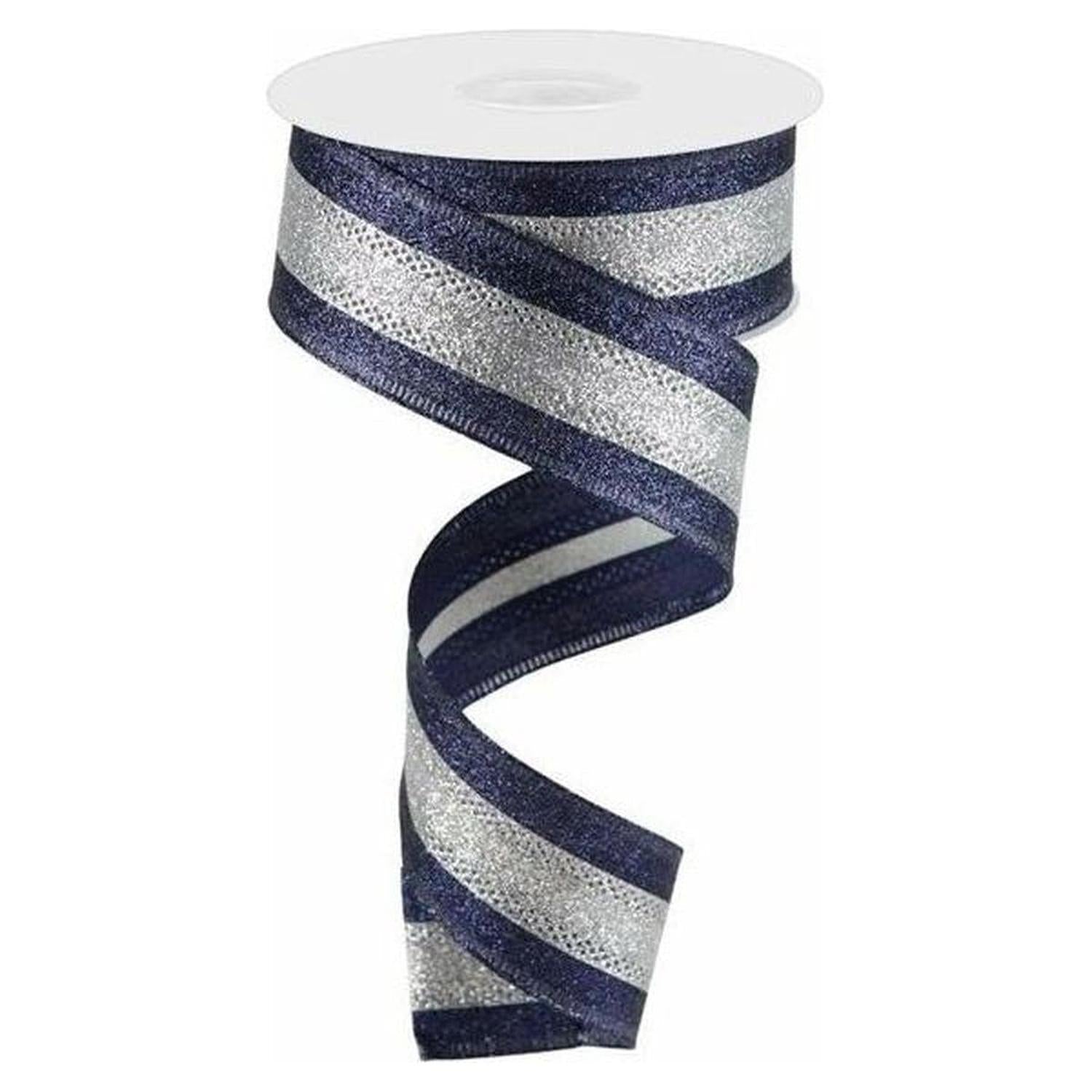 Shop For 1.5" Shimmer Glitter Stripe Ribbon: Silver/Navy Blue (10 Yards) at Michelle's aDOORable Creations