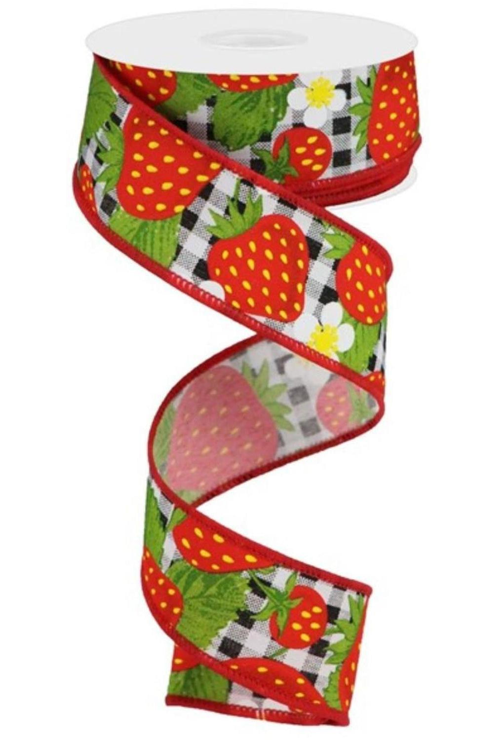 Shop For 1.5" Strawberries on Check Ribbon: Black & White (10 Yards) at Michelle's aDOORable Creations