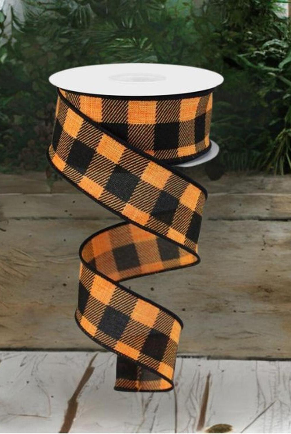 1.5" Striped Check on Royal Ribbon: Orange/Black (10 Yards)