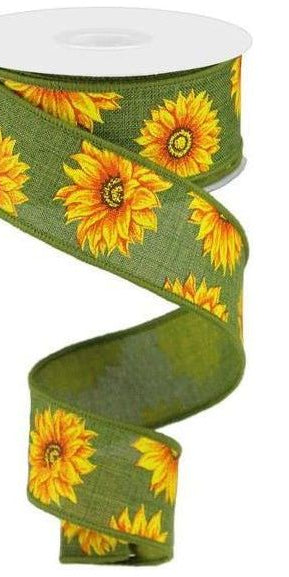 1.5" Sunflower on Canvas Ribbon: Green (10 Yards) - Michelle's aDOORable Creations - Wired Edge Ribbon