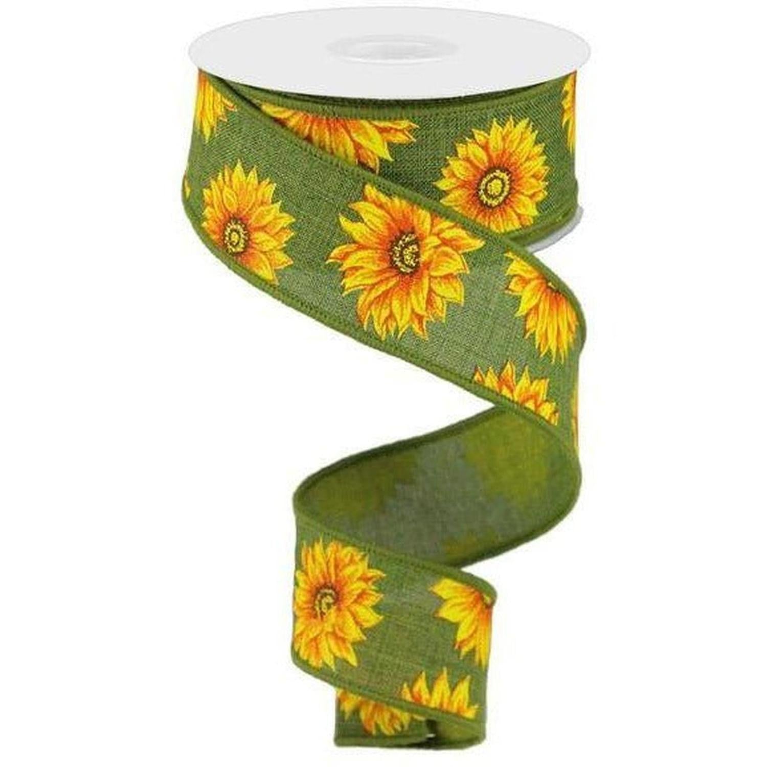 1.5" Sunflower on Canvas Ribbon: Green (10 Yards)