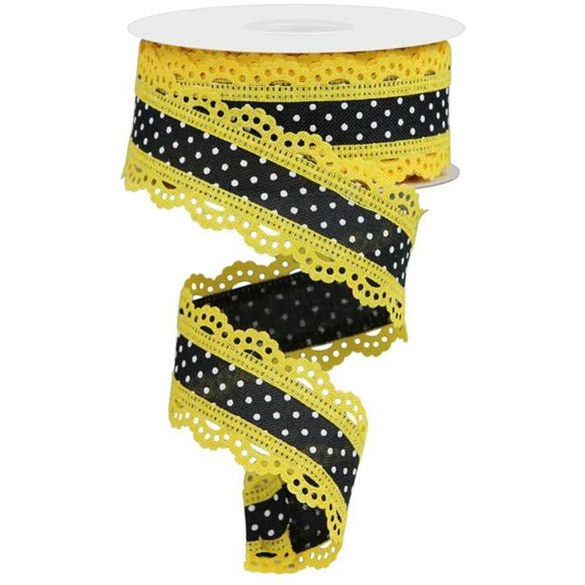 Shop For 1.5" Swiss Dots Lace Edge Ribbon: Black/Yellow (10 Yards) at Michelle's aDOORable Creations