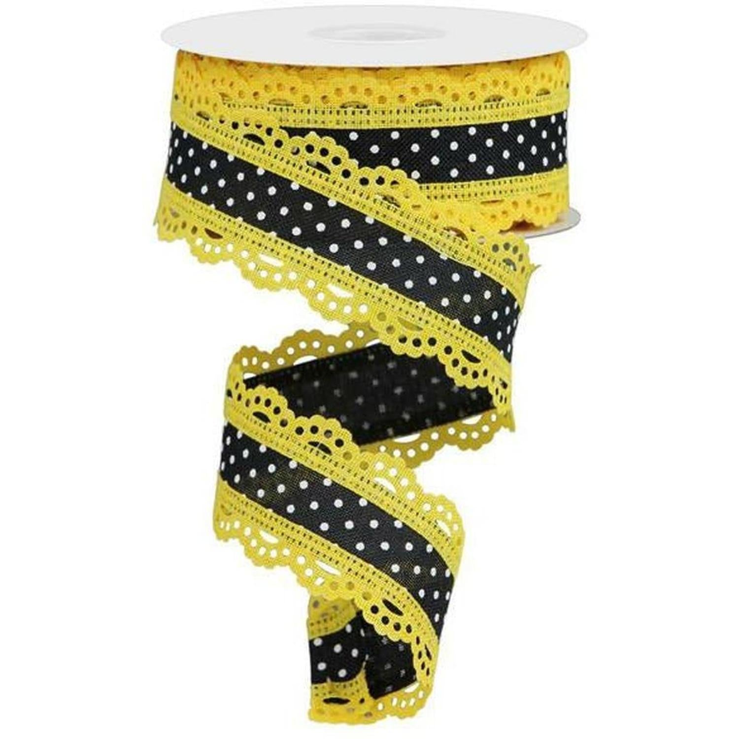 Shop For 1.5" Swiss Dots Lace Edge Ribbon: Black/Yellow (10 Yards) at Michelle's aDOORable Creations