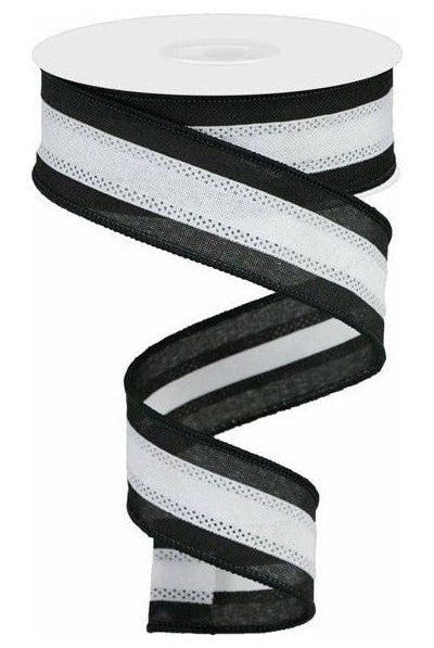 1.5" Tricolor Striped Ribbon: Black & White (10 Yards) - Michelle's aDOORable Creations - Wired Edge Ribbon