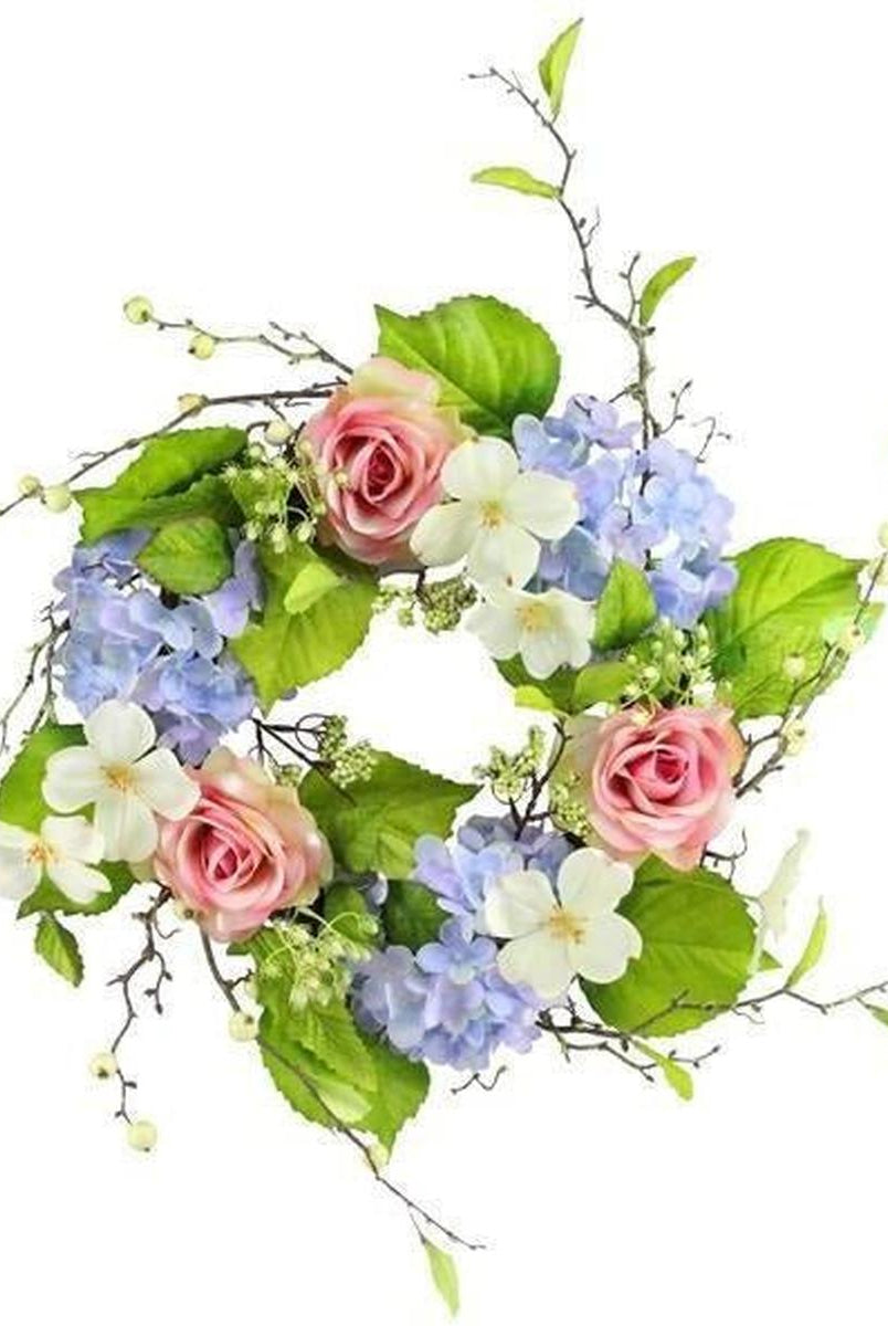 Shop For 22" Hydrangea Rose Berry Wreath: Blue, Pink, Cream & Green at Michelle's aDOORable Creations