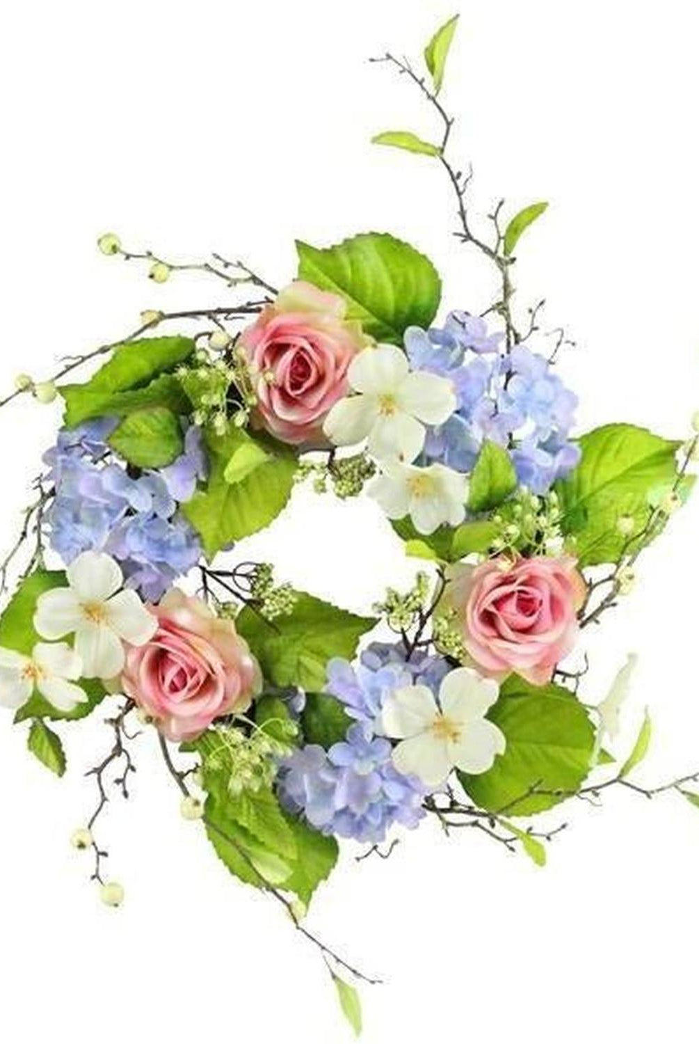 22" Hydrangea Rose Berry Wreath: Blue, Pink, Cream & Green