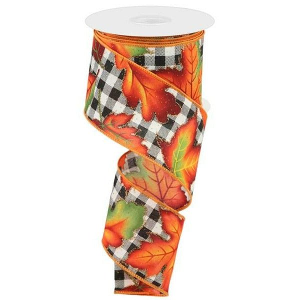 Shop For 2.5" Autumn Leaves Check Ribbon: White/Black (10 Yards) at Michelle's aDOORable Creations