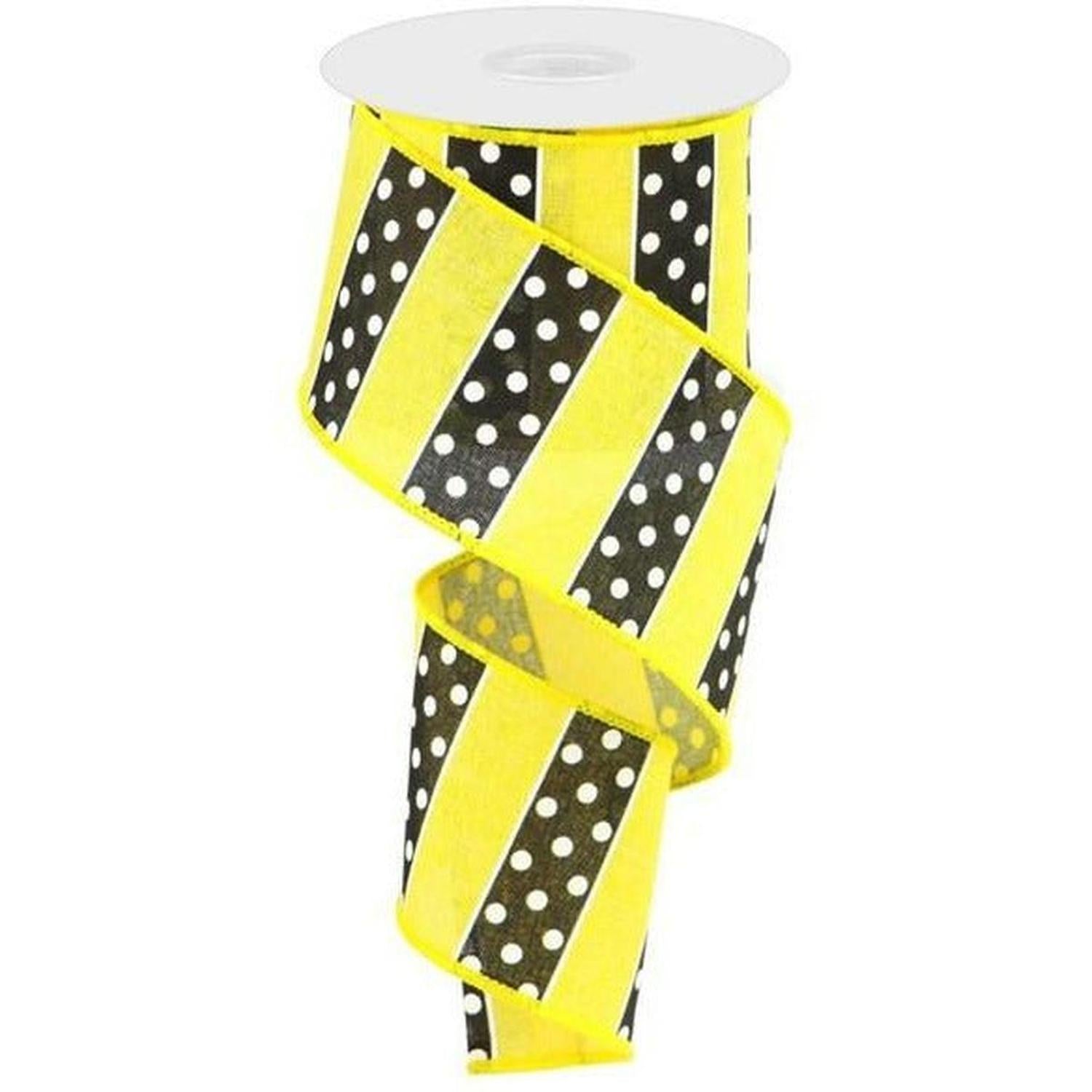 2.5" B & W Polka Dot Stripes Ribbon: Sun Yellow (10 Yards)
