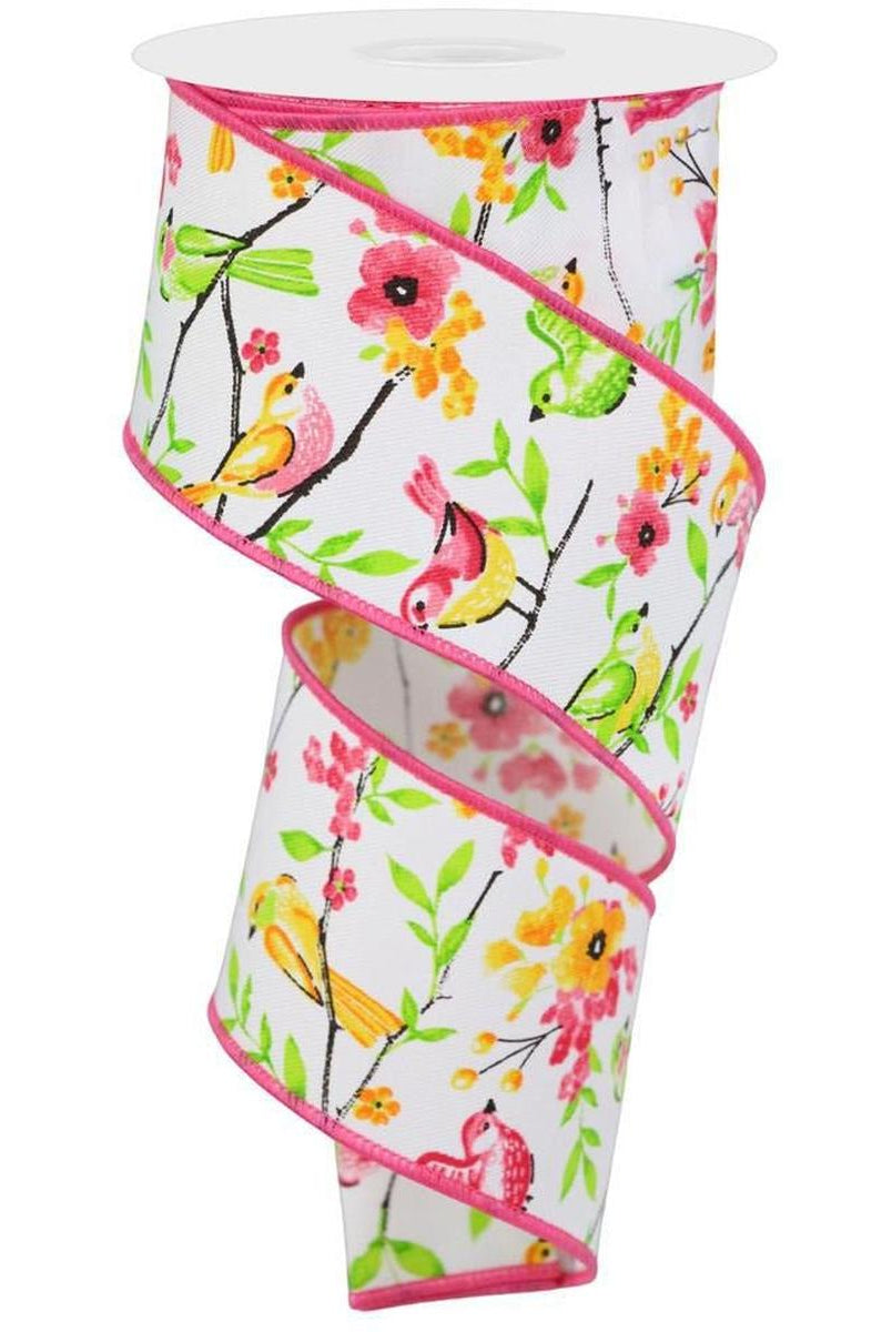 Shop For 2.5" Birds Floral Branches Ribbon: White (10 Yards) at Michelle's aDOORable Creations