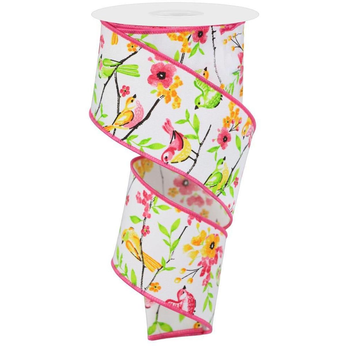 Shop For 2.5" Birds Floral Branches Ribbon: White (10 Yards) at Michelle's aDOORable Creations